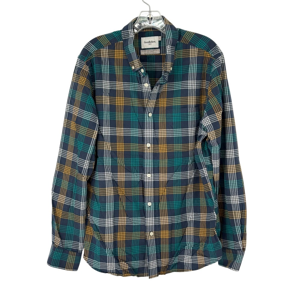 Goodfellow & Co Poplin Button-Up Shirt Navy Green Gold Plaid Slim Fit Large